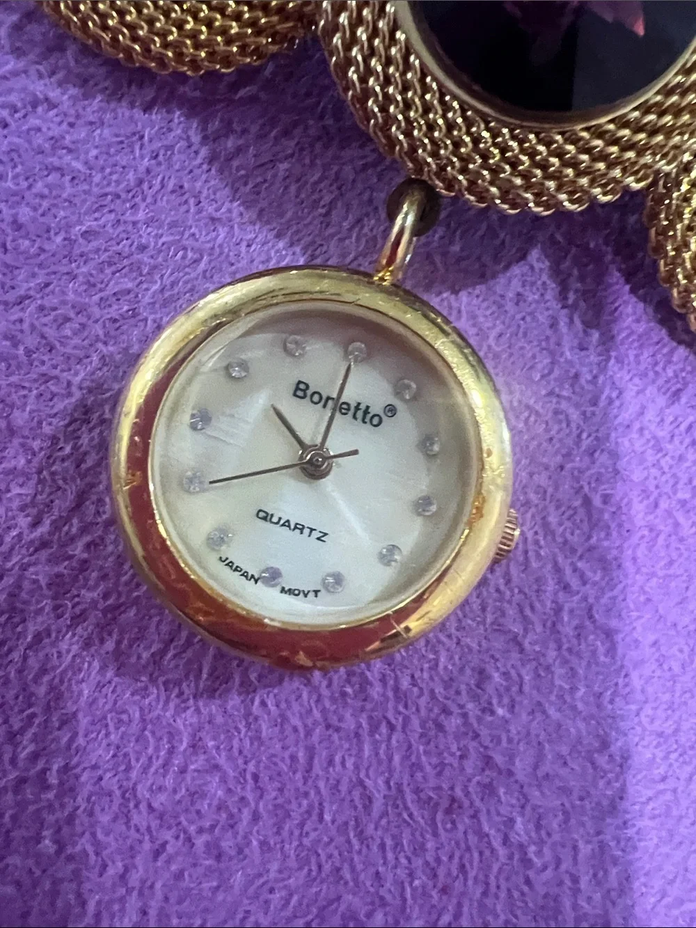 B111- gold-Tone Multi-Crystal Nurse Fob Watch brooch- Red, Purple, Green
